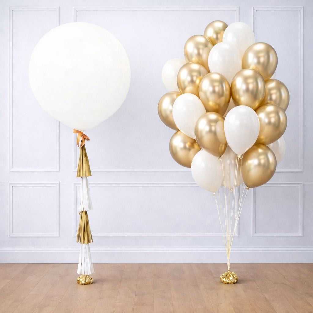 Globo gigante con fuente blaco y dorado