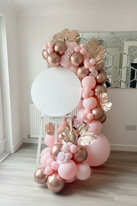 Panel de bienvenida oro rosa con globos y flores