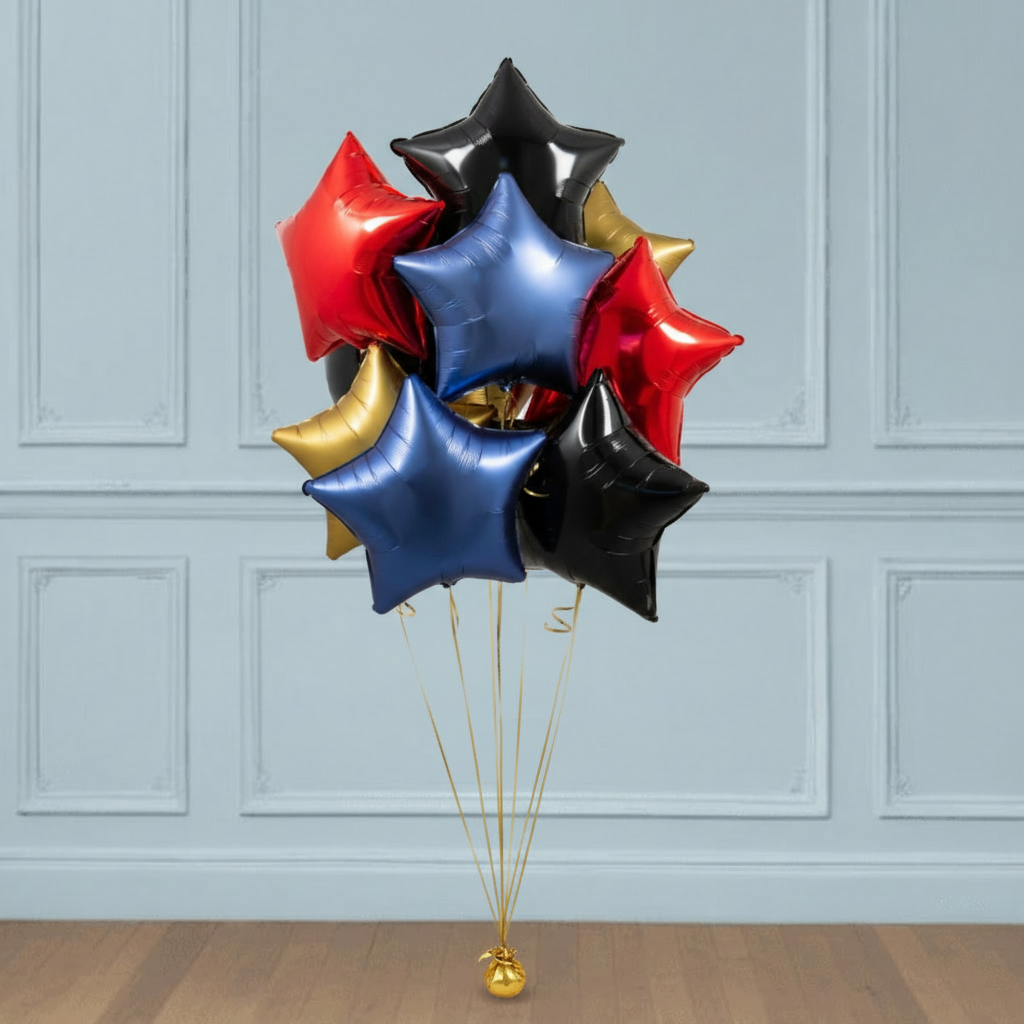 Ramo de Globos Estrellas rojos, dorados, negros y azules