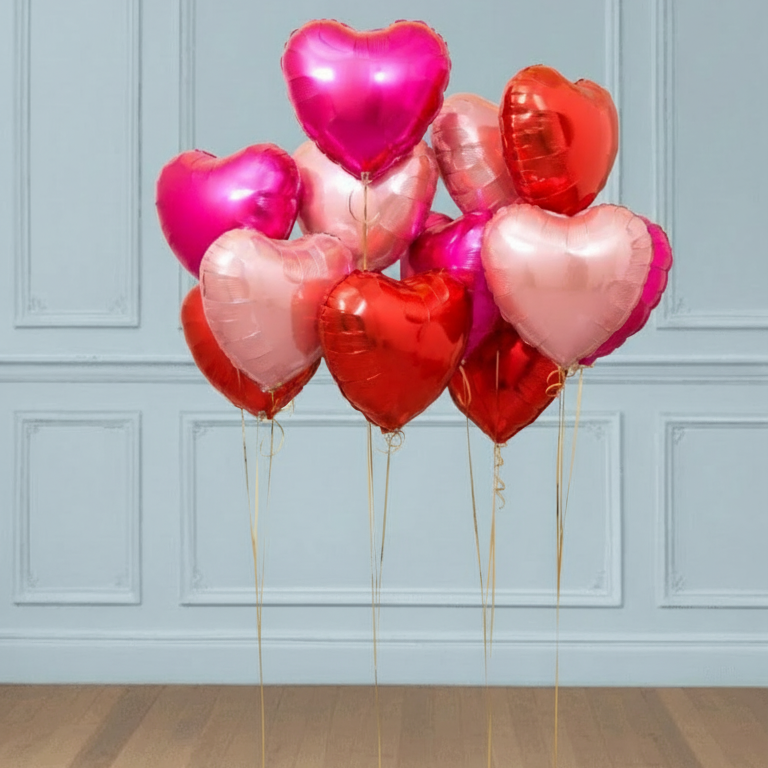 Ramos de globos corazones rosas, fucsias, rojos