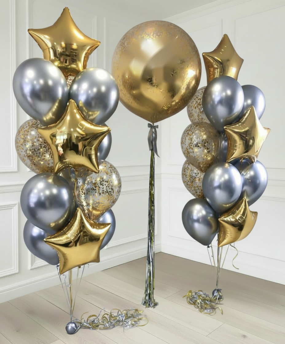 Globo gigante dorado con dos fuentes