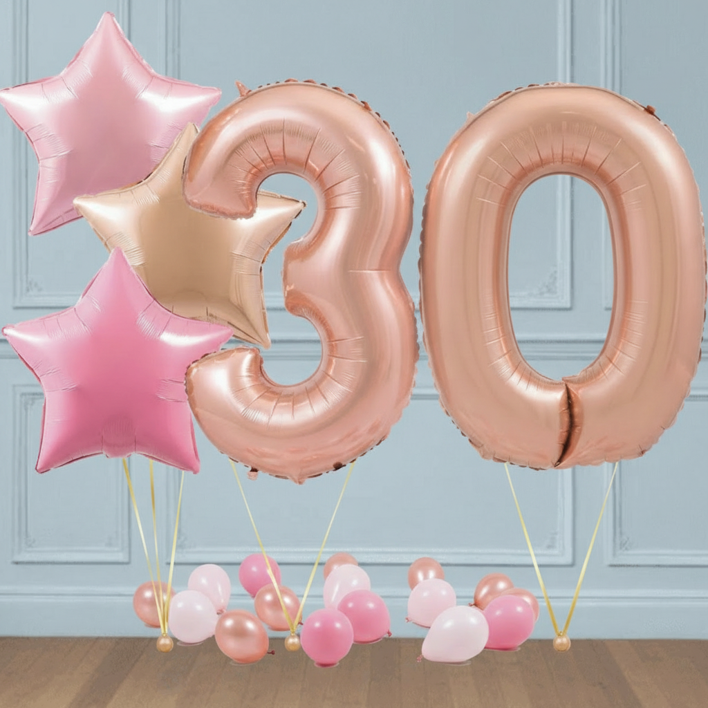 Ramo de  Números 30 de oro rosa y estrellas