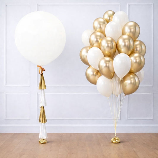 Globo gigante con fuente blaco y dorado