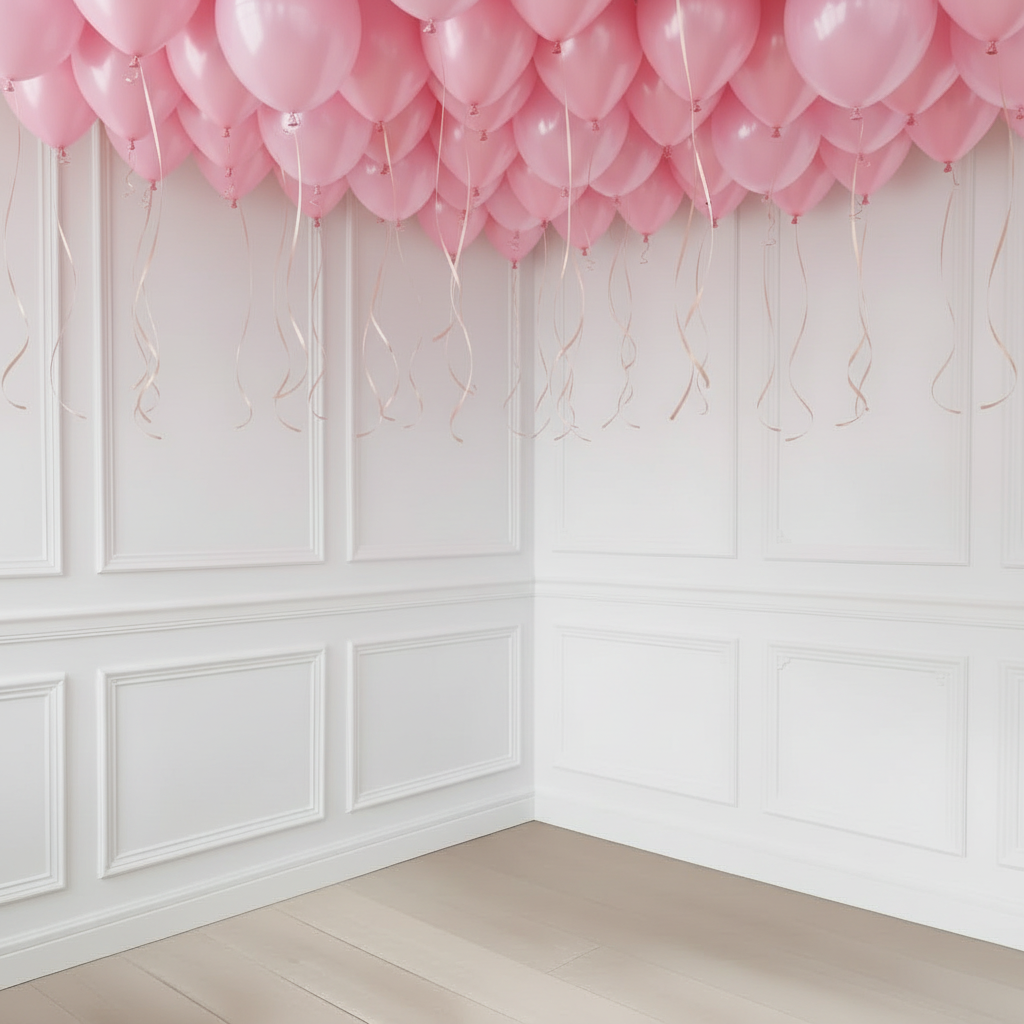 Globos rosas de látex con helio por el techo