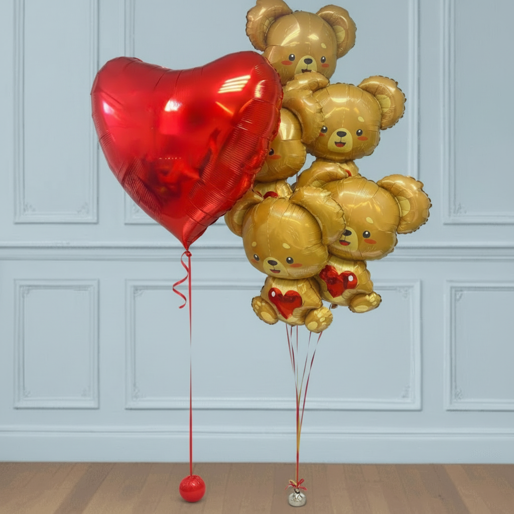 Conjunto de globos de corazón grande y 5 ositos