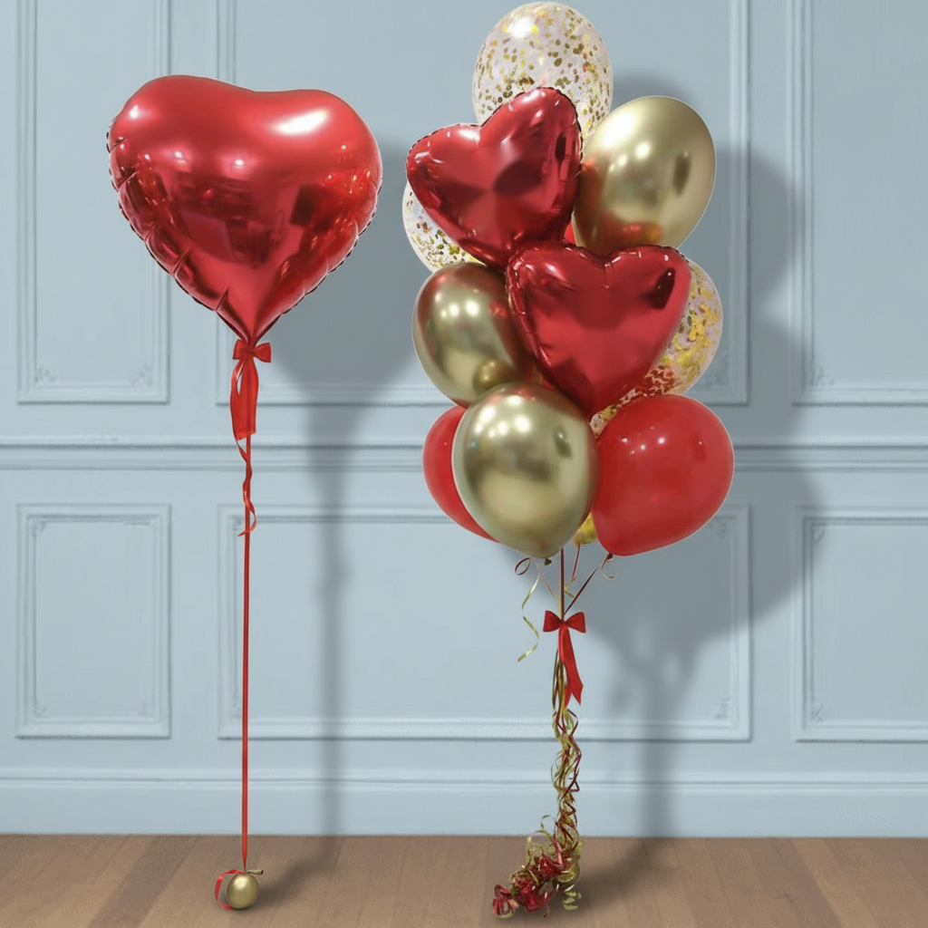 Gran corazón rojo con fuente de globos
