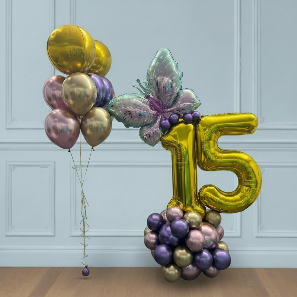 Bouquet de globos de cumpleaños con números 15