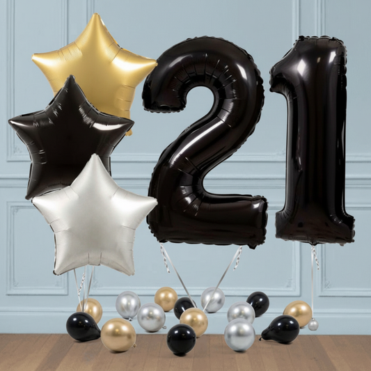 Ramo de Números de globos negros y estrellas 21