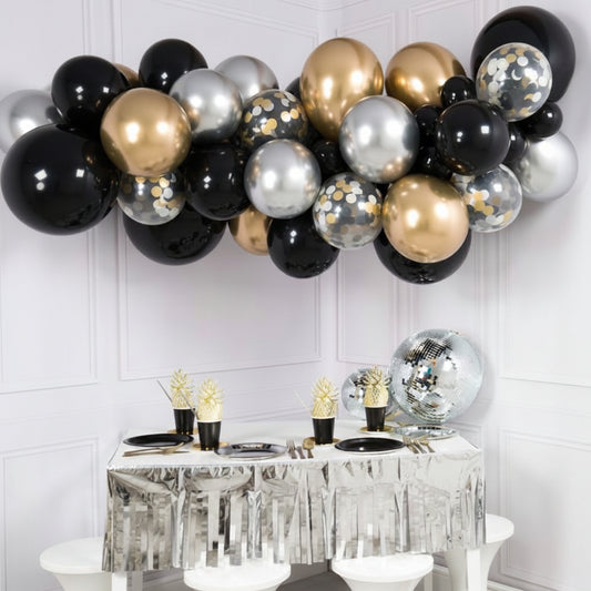 Guirnalda de globos dorado, negro, plata