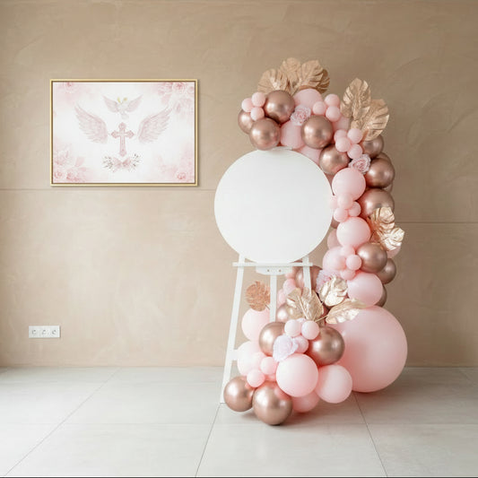 Panel de Bienvenida Oro Rosa con Globos y Flores&nbsp;