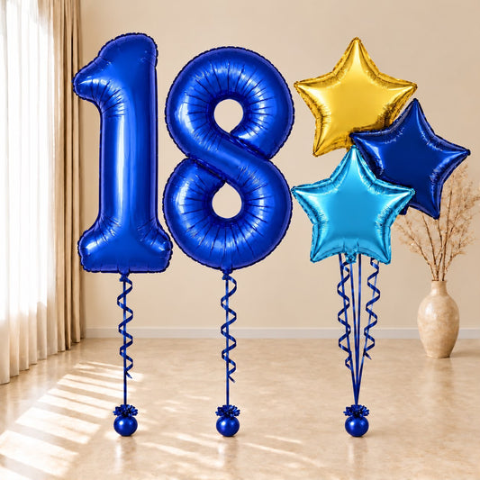 Globos para Cumpleaños de 18 Años con Números Azules y Estrellas