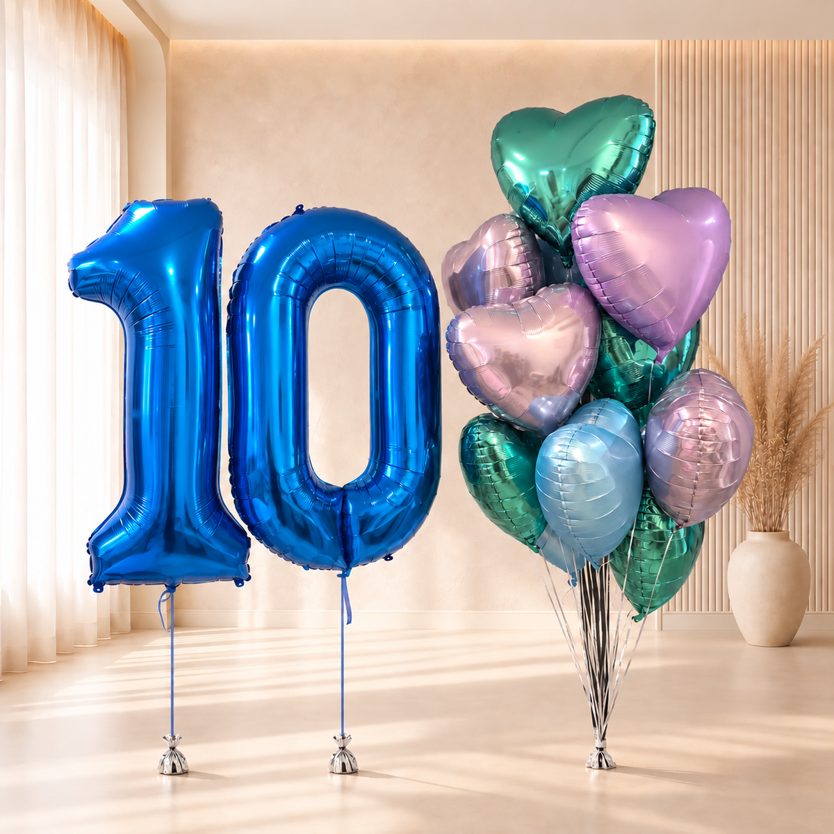 Globos azules con el número 10 y un bouquet de corazones turquesa, azul celeste y lila satinado sobre un fondo beige, con cintas y contrapesos.